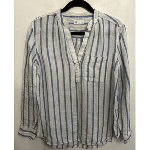Gap 100% Linen Long Sleeve Striped Shirt White Blue Yellow Women's‎ Size Medium